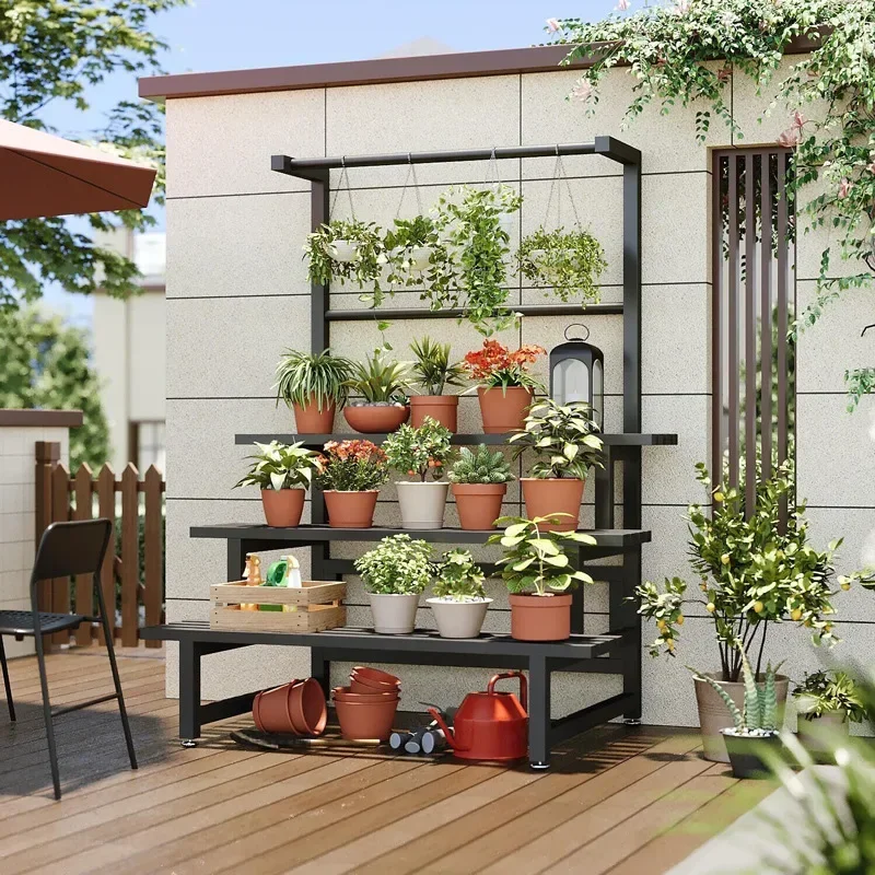 Outdoor Furniture Luxury - 多層ディスプレイ植物ラック棚、ユニバーサル屋外金属正方形棚、高級黒、バルコニー家具