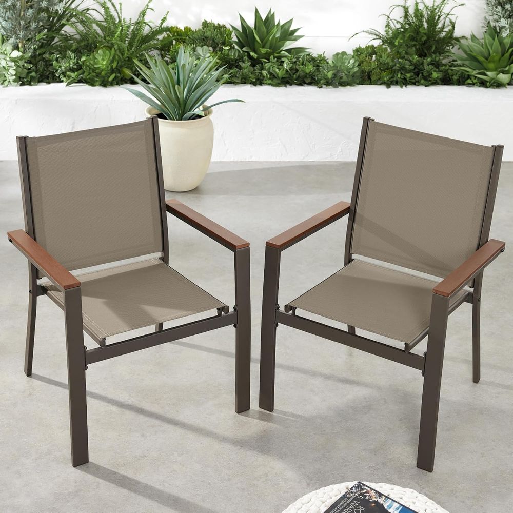 Outdoor Furniture Metal Chairs - 積み重ね可能な屋外テキスタイルチェア、耐候性のあるアームレスト付きダイニング家具 - ブラウン