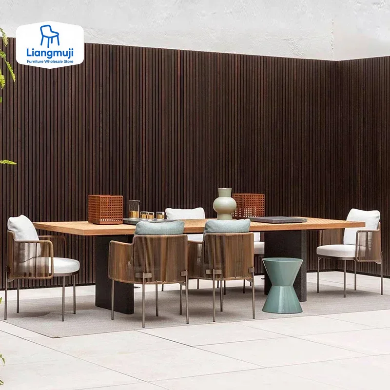 Outdoor Furniture Italian - 木製防水ガーデン家具セット ラタンクッション付き 移動式イタリアンガーデン家具セット パティオ 大人用家具 テラザ装飾