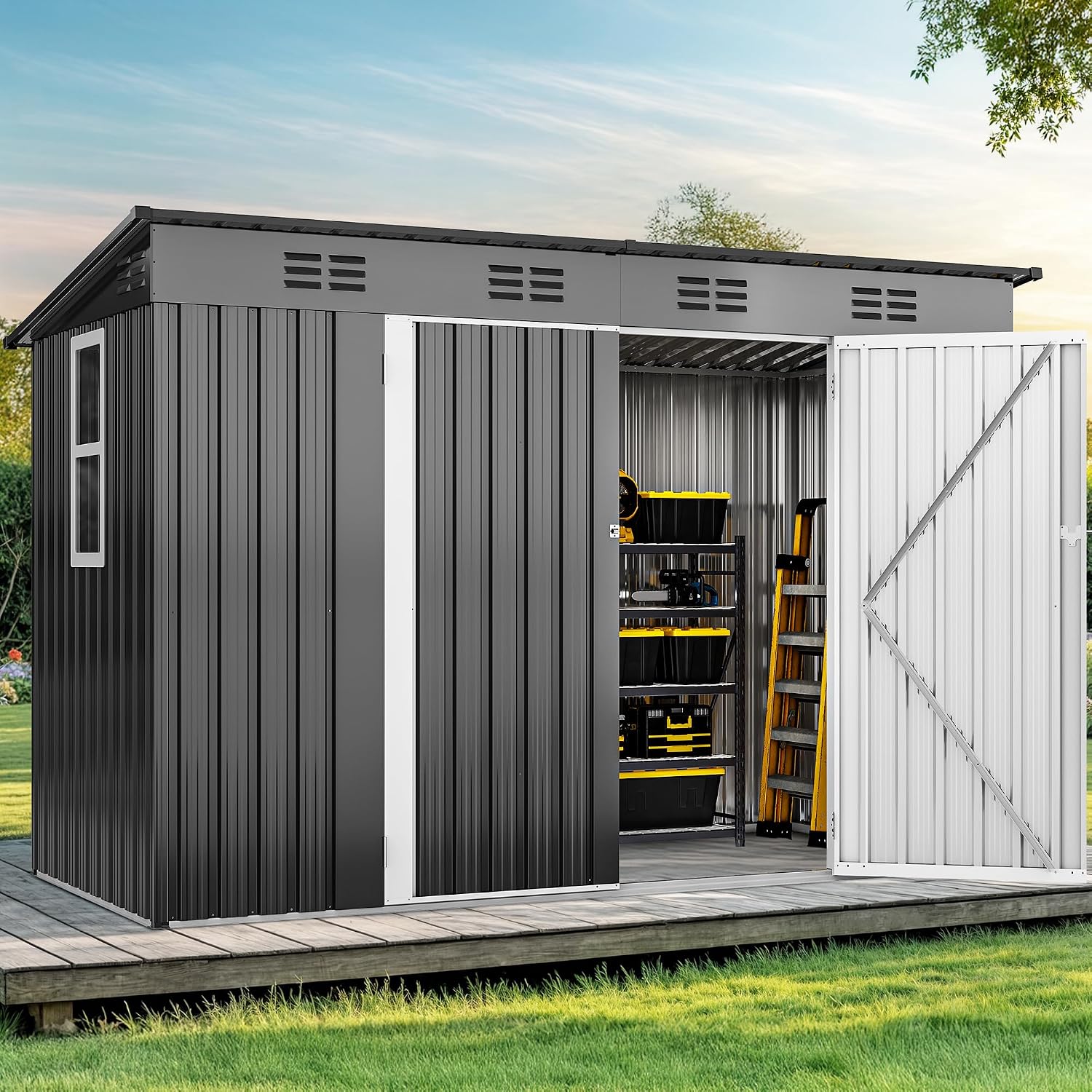 Outdoor Furniture With Storage - 9フィート x 4フィートの屋外収納庫（窓付き、ロック可能な両開きドア、傾斜屋根、頑丈なスチール製）、庭用、カスタムメイド