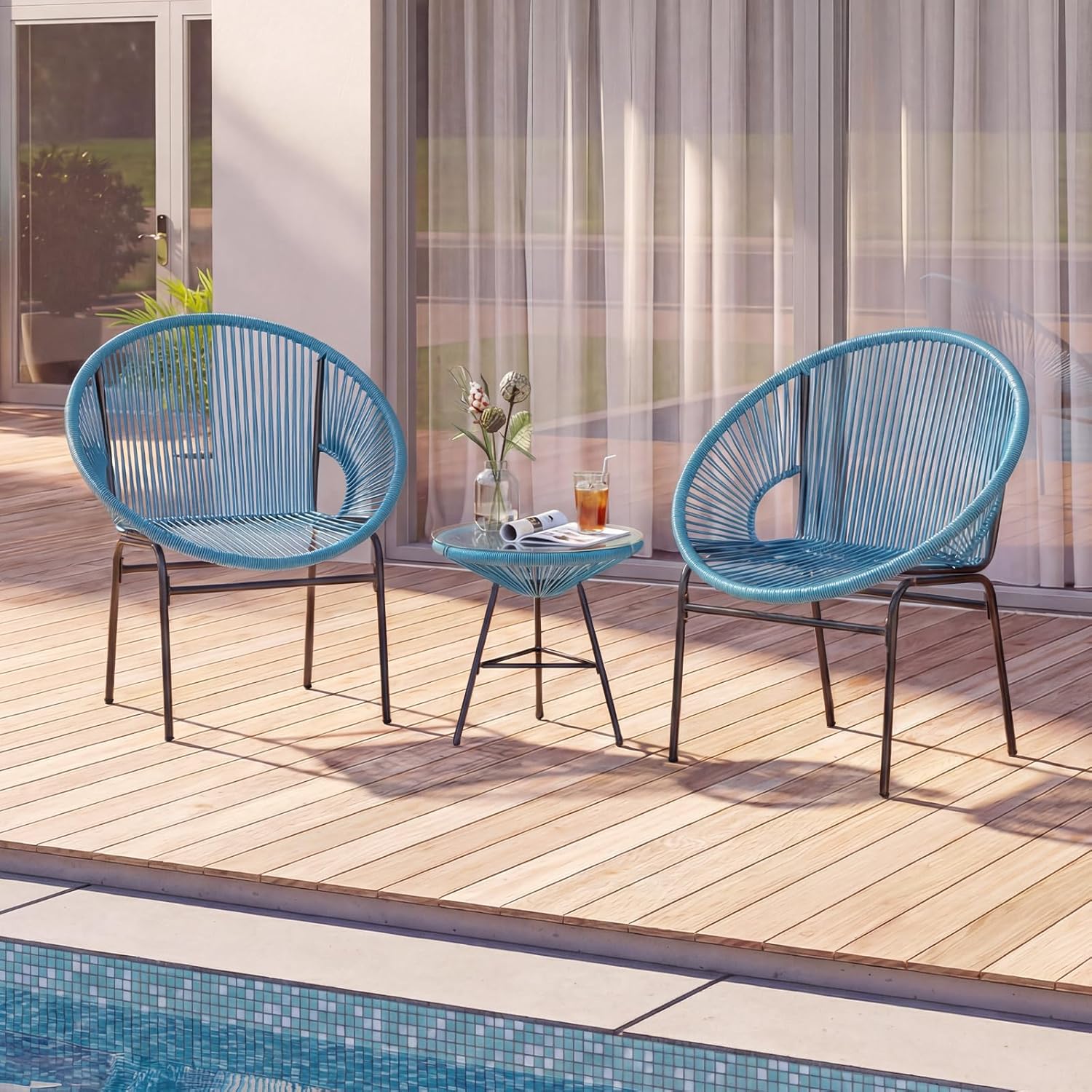 Outdoor Furniture Metal Chairs - 3ピース屋外パティオ家具セット、アカプルコチェアセット（プラスチックロープ付き）、強化ガラス製テーブル、カスタマイズ可能
