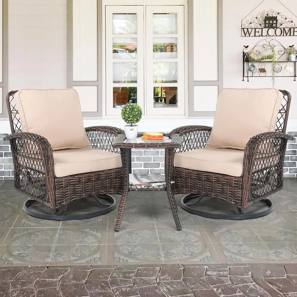 Outdoor Furniture Metal Chairs - 3ピースパティオ家具セット、2人用回転ロッキングチェア、屋外用回転ビストロセット、ビストロテーブル付きポーチチェア