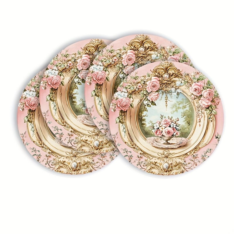Outdoor Furniture Dining - VIKAMA 4PC ヨーロッパスタイルの田舎のダイニングマット花柄ラウンドダイニングテーブルデスクトップ装飾とアクセサリー