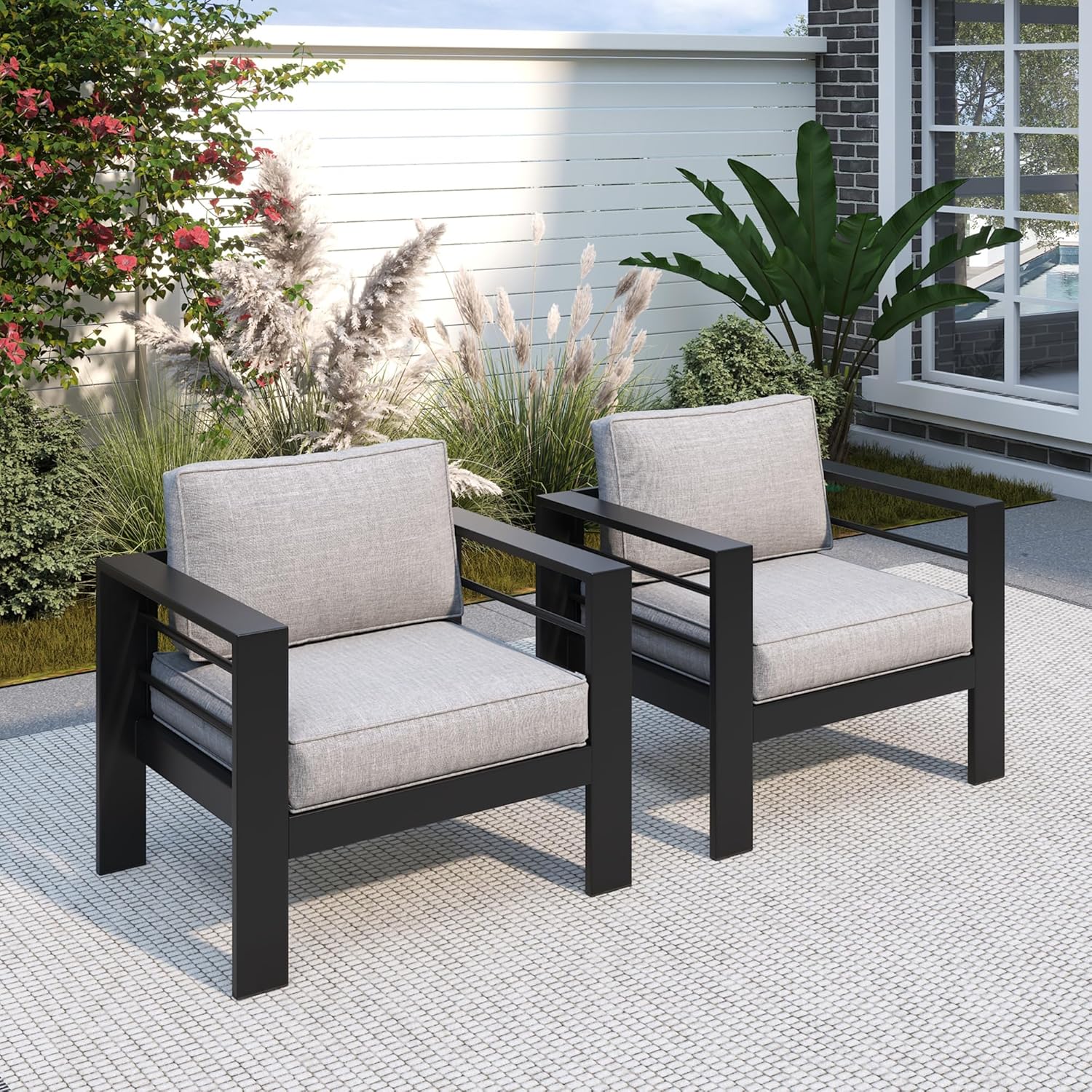 Outdoor Furniture Metal Chairs - パティオ家具メタルアームチェア、2個入り全天候型アルミニウムガーデン屋外コンテンポラリーソファチェア、クッション付き、ライトグレー