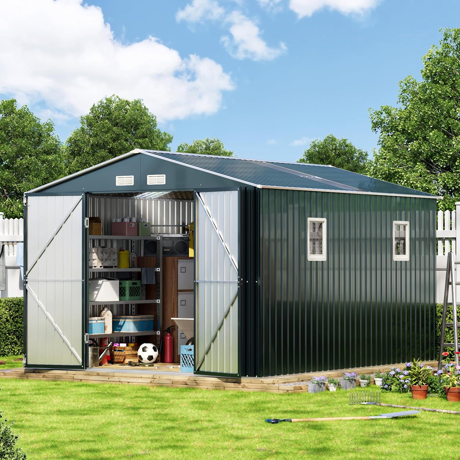 Outdoor Furniture With Storage - 10x12x7.5フィートの屋外スチール製収納庫、ロック可能なドアとフレームフロア付き、庭、裏庭、パティオに最適、カスタムメイド