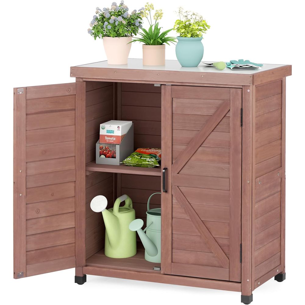 Outdoor Furniture With Storage - 屋外用収納キャビネット＆金属製天板付き植木鉢置き台、木製パティオ家具、ガーデンワークステーション（ロイヤルブラウン、36x31x17インチ）