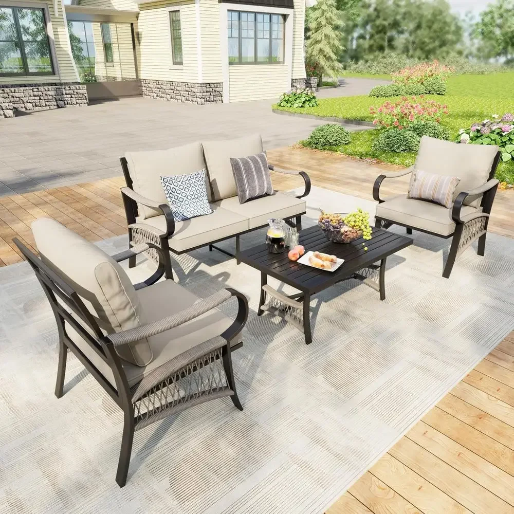 4ピースメタル製屋外パティオ家具セット（コーヒーテーブル付き - Outdoor Furniture Metal Chairs のレビューと価格
