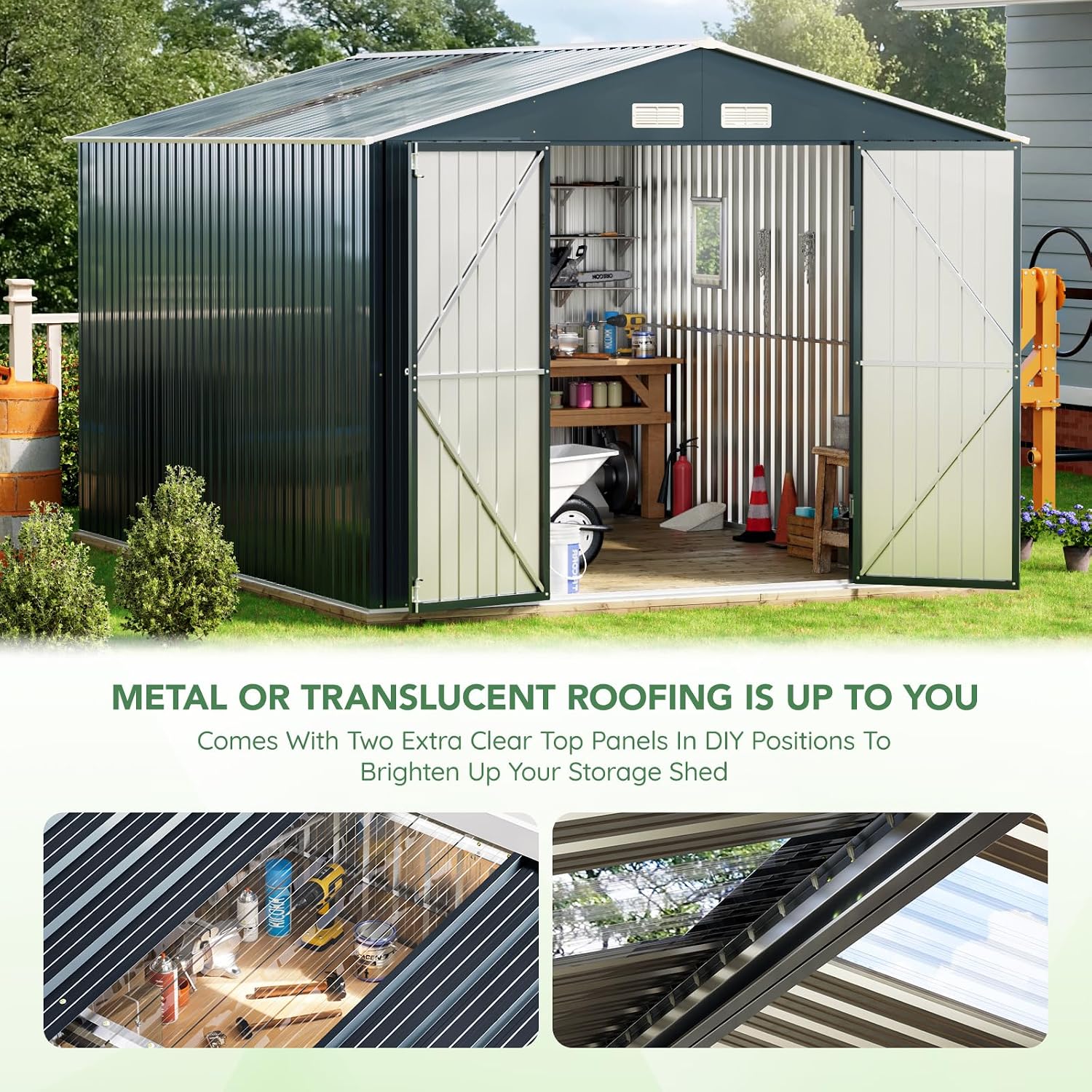 10x12x7.5フィートの屋外スチール製収納庫、ロック可能 - Outdoor Furniture With Storage のレビューと価格