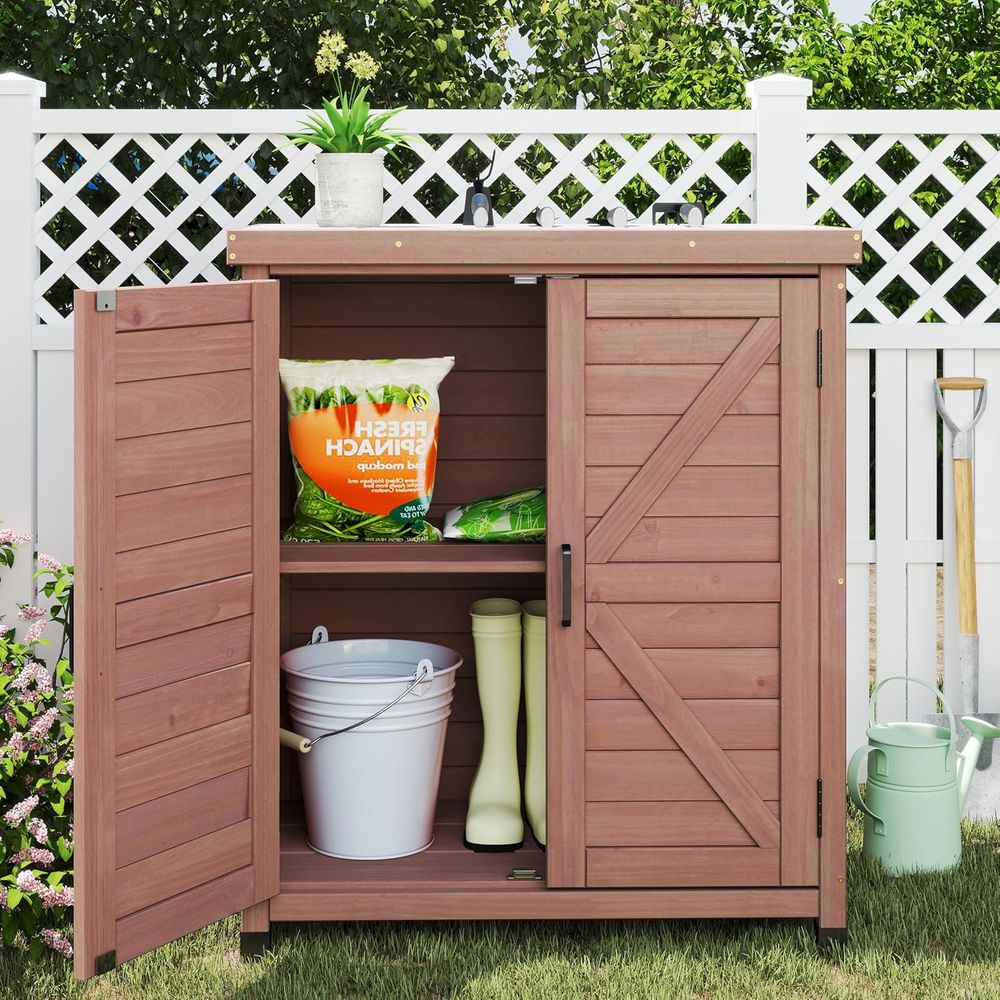 屋外用収納キャビネット＆金属製天板付き植木鉢置き台、木製パテ - Outdoor Furniture With Storage のレビューと価格